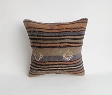 Old Turkish Kilim Pillow Cover , Handwoven Decorative Pillow Cover 16x16 in