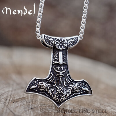 MENDEL Mens Viking Amulet Vegvisir Odin Raven Pendant Necklace Stainless Steel
