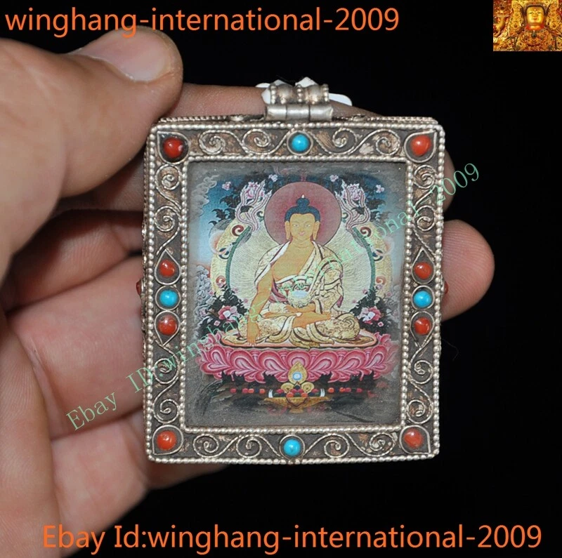 Старый Тибет серебро инкрустация бирюзовый драгоценный камень Шакьямуни Татхагата экзорцизм амулет подвеска - Изображение 4 из 4