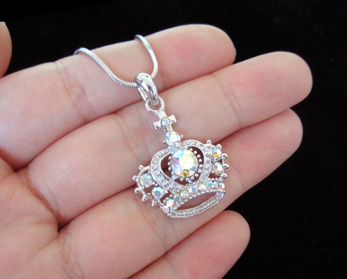 COLLANA CIONDOLO CIONDOLO CORONA CRISTALLO DIADEMA PRINCIPESSA REALE RE REGINA TONO ARGENTO - Foto 2 di 13