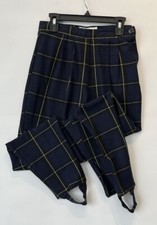 Vintage 1980s High Waist Navy Blue Plaid Stirrup Pants Size S Poly/Cotton Blend