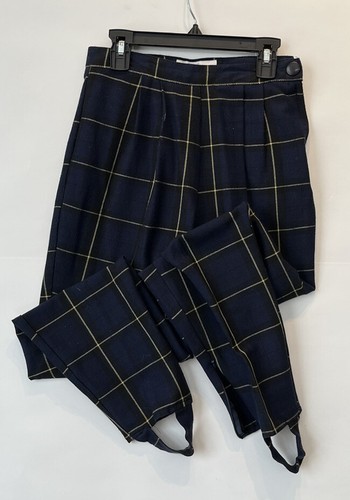 Vintage 1980s High Waist Navy Blue Plaid Stirrup Pants Size S Poly/Cotton Blend