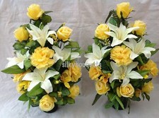 Grave Pot Pair Yellow Artificial Silk Flower Arrangement Flat Back Nan Mum