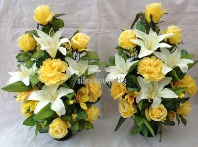 Grave Pot Pair Yellow Artificial Silk Flower Arrangement Flat Back Nan Mum