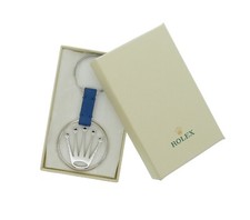 ROLEX STAINLESS STEEL BLUE LEATHER KEY RING w/ LG ROLEX LOGO BRAND NEW w/ BOX