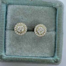 1.20Ct Round Cut Moissanite Halo Cluster Stud Earrings 14K Yellow Gold Plated