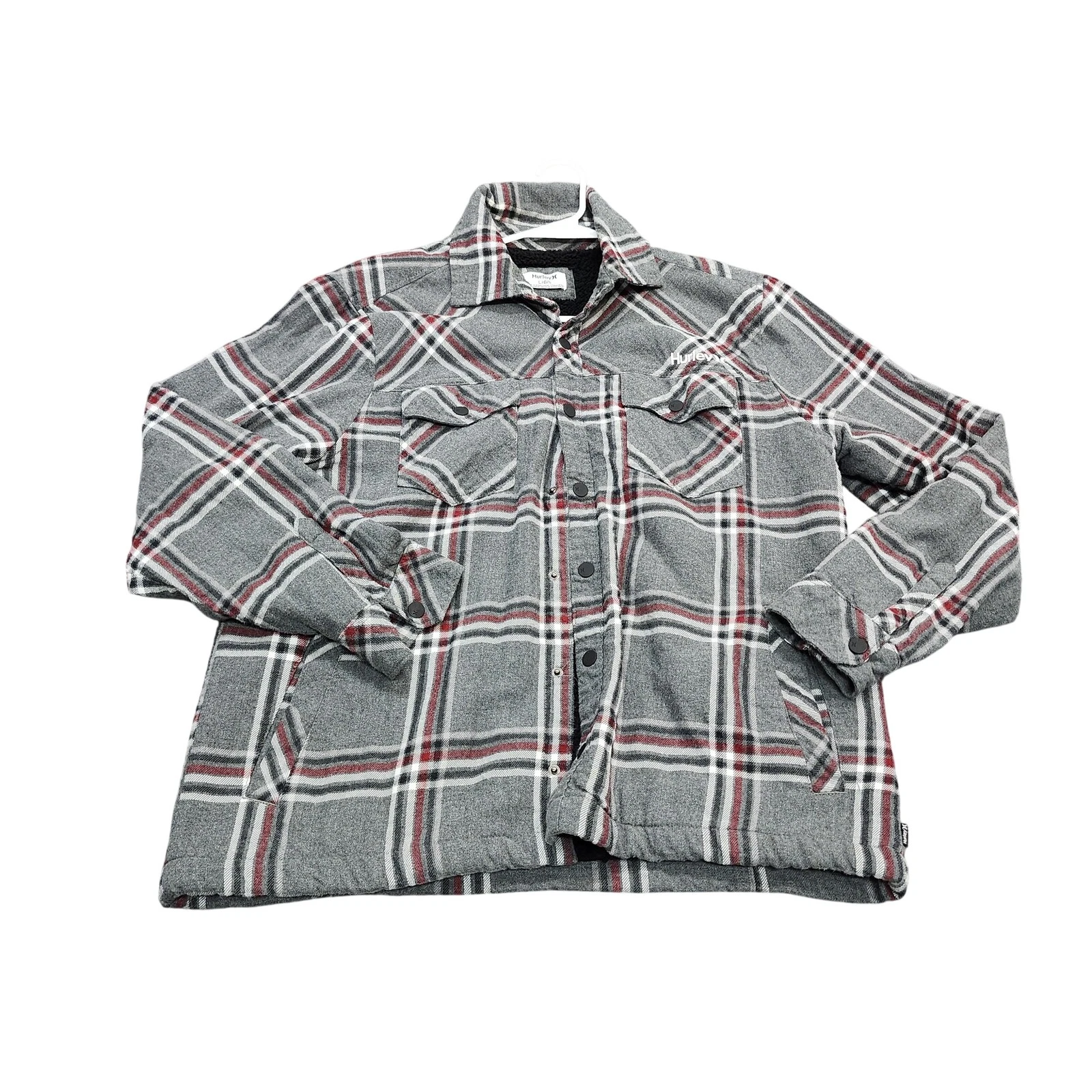 Hurley Jacket Mens Large Gray Plaid Flannel Sherpa Lined Snap Casual Outdoor