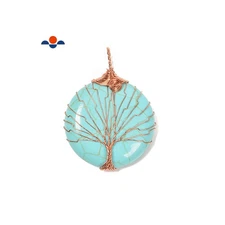 Green Howlite Turquoise Tree Pendant Copper Wire Wrap Round 40mm Sold per Piece