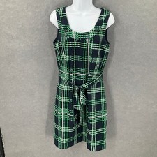 Banana Republic Dress 8 Green Plaid Polka Dots Sleeveless Career Belted Preppy