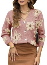 Women's Floral VNeck Knit Cardigan Pink Medium Long Sleeve ButtonFront
