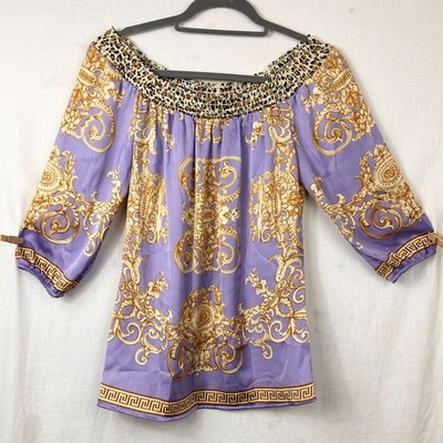 Cache Satin Off Shoulder Peasant Top Women XS Y2K Baroque Gold Greek 00s Leopard