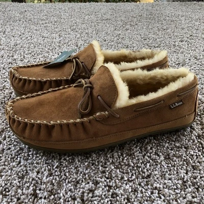LL Bean Wicked Good Moccasins Slippers Mens 12 Wide Brown Suede Shearling 264593 - Image 1 of 4