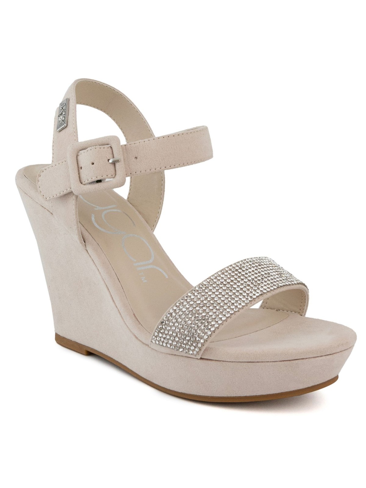 SUGAR Womens Beige Rhinestone Chili Round Toe Wedge Buckle Heeled Sandal 95 M 5290₽