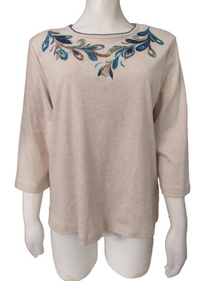 alfred dunner petite autumn weekend stone embroidered beaded 3/4 sleeve top PM