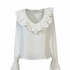 100 Cotton White Ruffle V-Neck Blouse