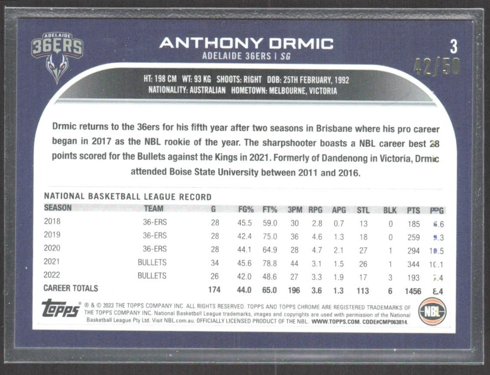 Anthony Drmic 2022-23 Topps NBL Gold #3 SN Adelaide 36ers /50 - Image 2 of 2