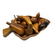 Monkey Pod Wood 17 Inch Salad/Serving Bowl with 13 Hand Carved Fruits Vtg 1970s