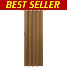 Easy-Install Oak Vinyl Accordion Folding Door 24-36" x 80" with Magnetic Catch