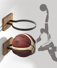 2 Pcs Wall Mount Basketball Holder with Wooden Base, Ball Storage Holders Dis...