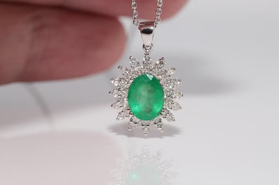 5.50Ct Oval Cut Natural Emerald & Diamond 14K White Gold Luxurious Pendant