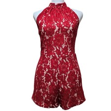 Missguided Red/Nude Floral Lace Backless Halter Top Shorts Romper Size 10