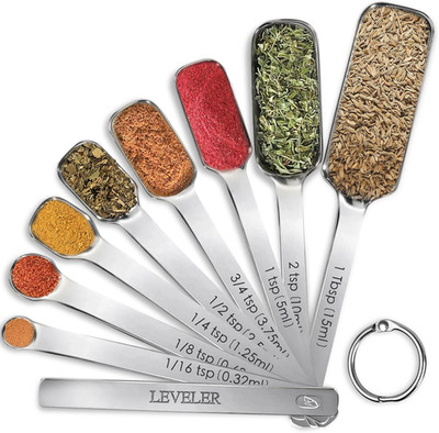 9-teiliges Messlöffel Set mit Richtmaschine, Metall Teelöffel & Esslöffel Messen S