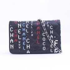 Chanel Typography Chain Wallet Shoulder Bag Women Black One Size