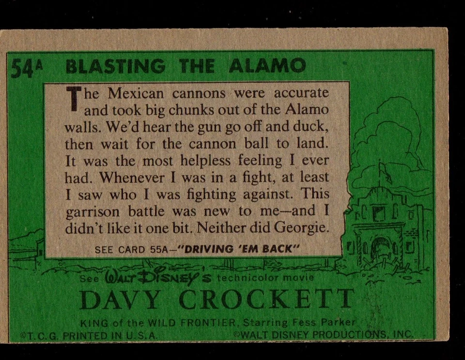 Tarjeta verde 1956 Topps Davy Crockett película de Disney #54 Blasting The Alamo en muy buen estado/excelente Foto 2 de 2
