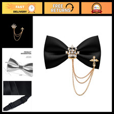Adjustable Black Bowtie for Men, Pre-Tied with Rhinestone Brooch Chain, Formal W
