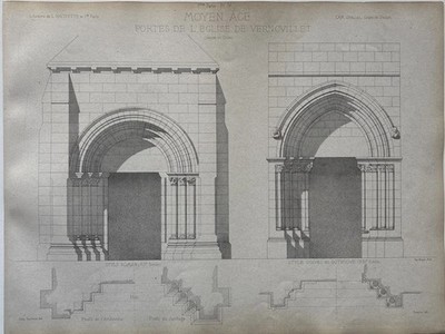 Antiker Architekturdruck Portes de l Église de Vernovillet römische Gotik 1868
