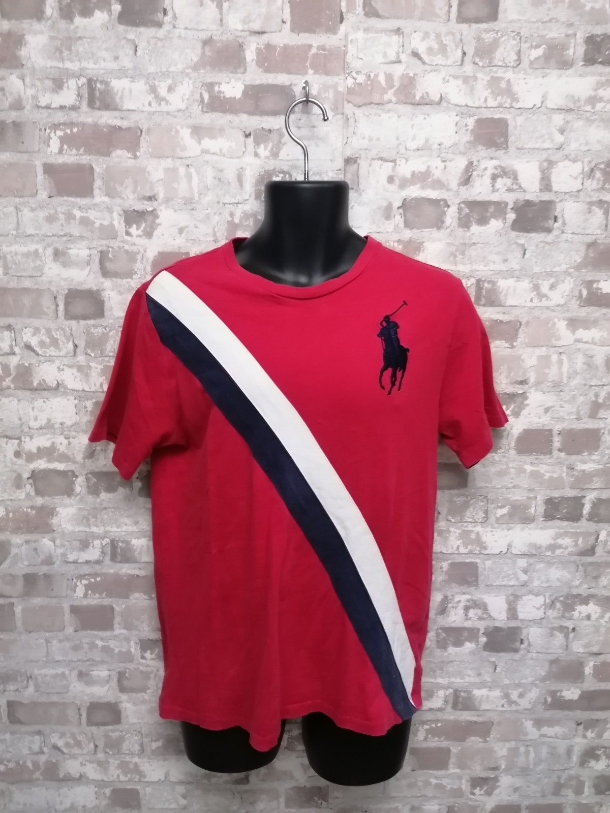 Polo Ralph Lauren taglia XL 18 20 blu royal striscione grande pony giallo righe bianche