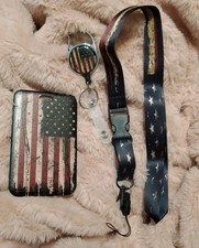 USA FLAG LANYARD  ID CARD HOLDER American stars stripes key ring neck strap