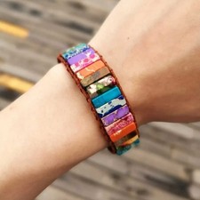 Natural Stone Chakra Bracelet, Handmade Leather Wrap Bangle for Women