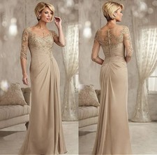 Elegant Beads Lace Champagne Mother of The Bride Dress Chiffon Half Sleeves Gown