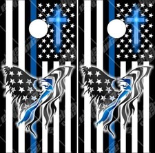 Thin Blue line Eagle Flag LAMINATED Cornhole Wrap Bag Toss Skin Decal