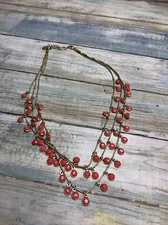 Anne Klein Bezel Multi Strand Layered coral Color Gold Tone Necklace 18"