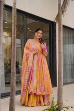Elegant Vichitra Silk Ensemble   Anarkali Gown, Palazzo  Dupatta Set for Women