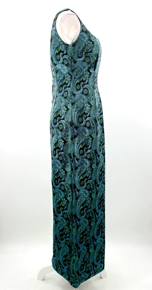 Винтажный женщин 60-х синий, зеленый и черный металлический парчи макси платье Sz M 1960-х платье - Изображение 3 из 4