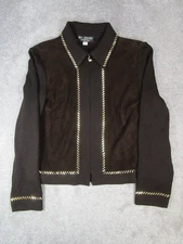 St.John Jacket Womens 14 Brown Gold Leather Suede Full Zip