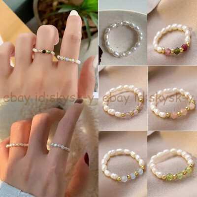 Natural 4-5mm Freshwater Rice Pearl Crystal Beaded Rings Stretch