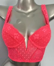 Victoria's Secret Nwt Hot Pink Dream Angels Lightly Lined Sexy V Long Lace Bra 
