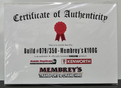 New 1:50 Kenworth K100G Membrey's Certificate & Plaque #079