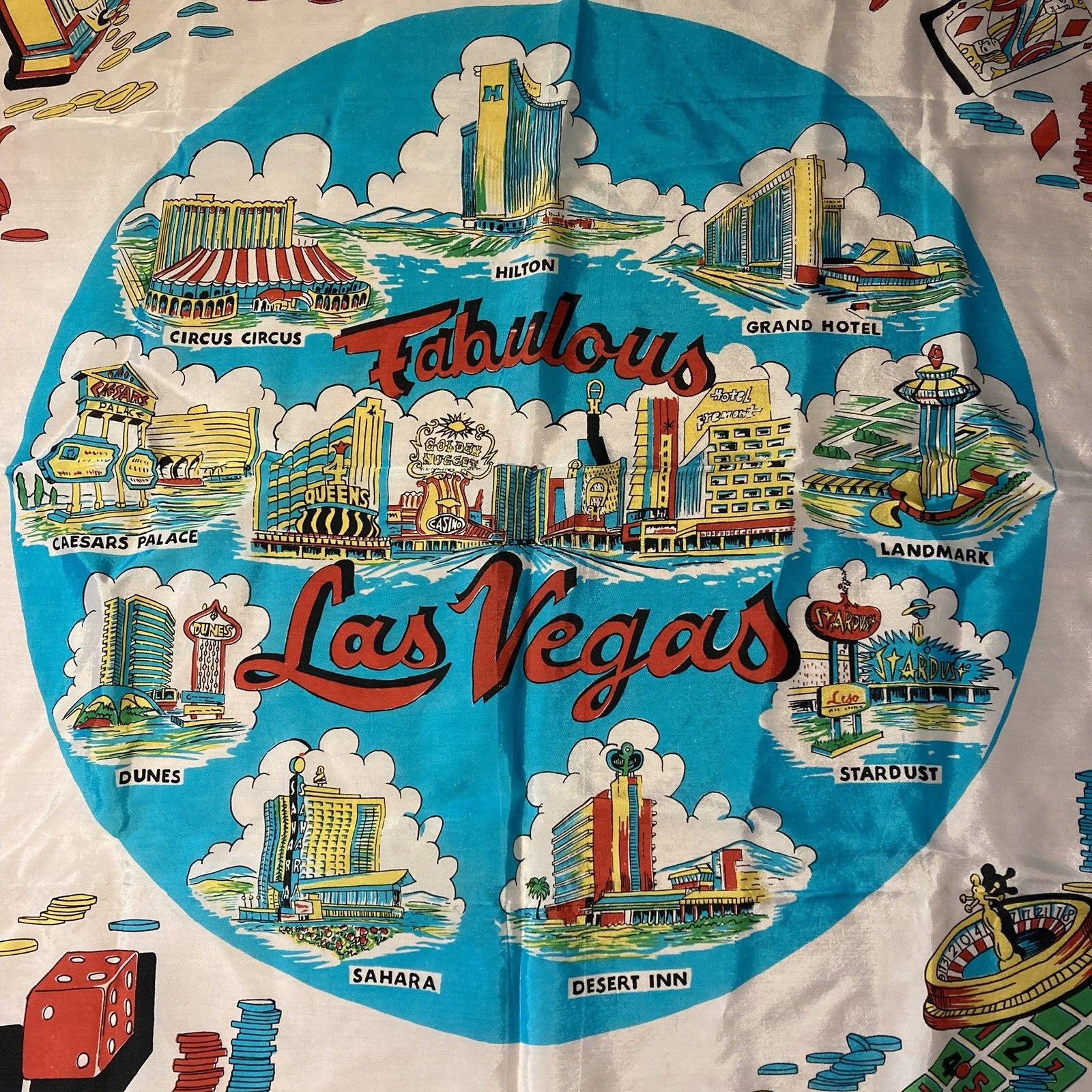 Vintage Red White Turquoise Multicolored 'Fabulous Las Vegas' Souvenir Scarf