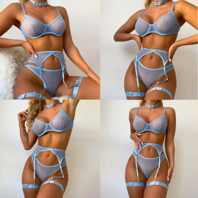 Women's Sexy Mesh Garter Belts Lingerie Set Babydoll 4 Piece Bra and Panty Set