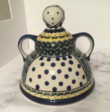 Boleslawiec Blue Yellow Poland Pottery Dome Lady Cheese Keeper Handmade 7" Tall 
