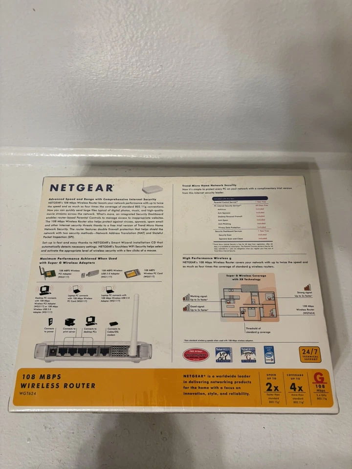 NEW NETGEAR WGT624 v4 108Mbps 4-Port Wireless Firewall Router w/ Adapter Super G - Image 3 of 4