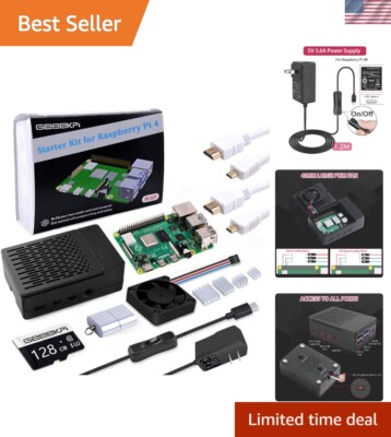 Starter Kit for Raspberry Pi 4 8GB - 128GB Edition, Case with PWM Fan, 18W 5V...