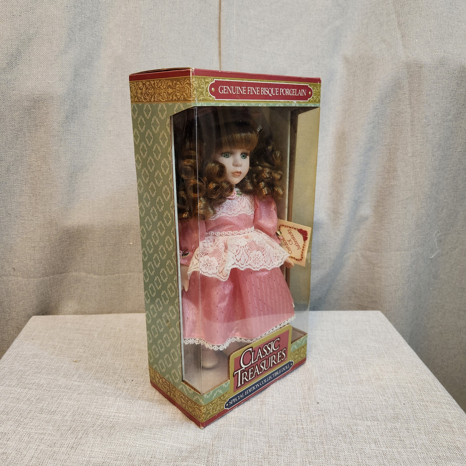 Vintage Classic Treasures Porcelain Doll Red Hair Green Eyes Pink Dress