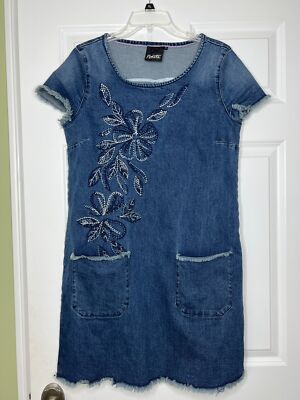 Nanette Lepore Embroidered Floral Denim Shift Dress Jumper Pockets