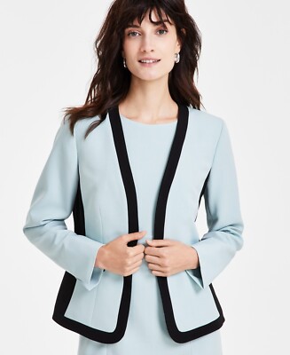 Kasper Women's Open-Front Collarless Jacket - Sea Glass/Black- SZ 6